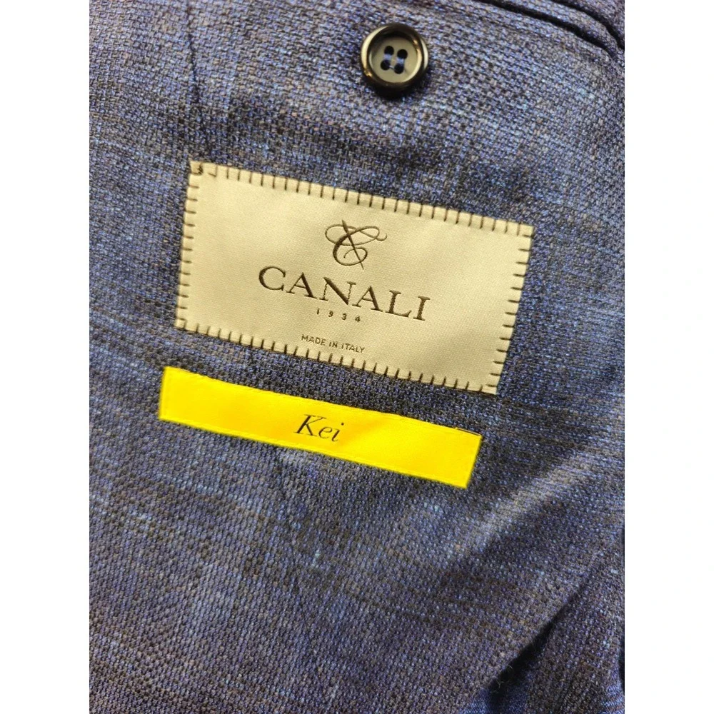 Canali Kei Blazer 56L/46L Navy Blue Plaid Wool Silk Linen Jacket Sport Coat